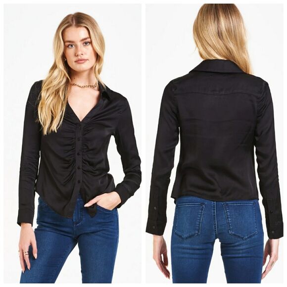 DEAR JHON SAYLOR GATHERED FRONT SHIRT Black WOMENS LONG SELEEVE SZ Small - Picture 1 of 8